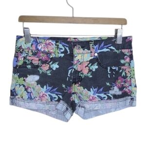 Kiss & Cry Wet Seal Black Green Purple Pink Floral Cuffed Shorts Junior Size 3